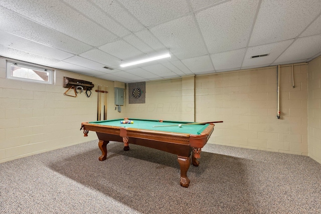 playroom featuring electric panel, a paneled ceiling, billiards, and carpet flooring