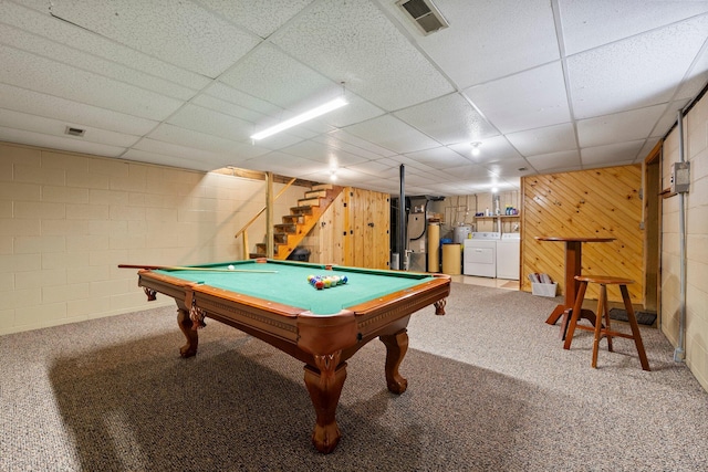 playroom with carpet, pool table, independent washer and dryer, a drop ceiling, and gas water heater