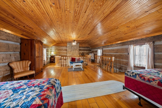 bedroom featuring wood walls, wooden ceiling, log walls, and vaulted ceiling