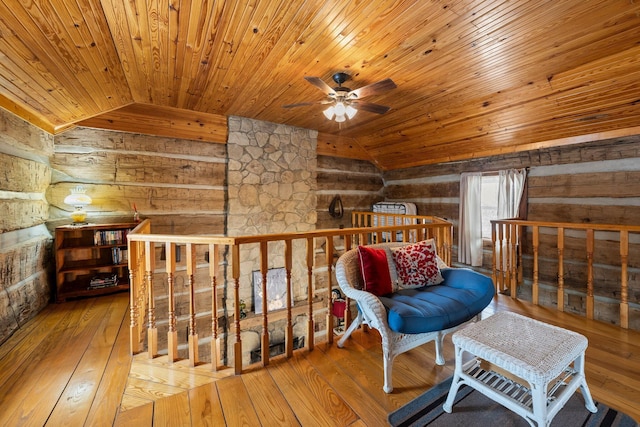 living area with lofted ceiling, ceiling fan, light wood-type flooring, log walls, and wooden ceiling