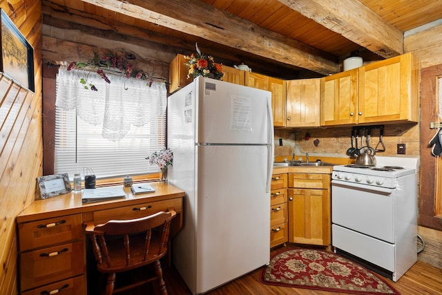 kitchen with sink, beamed ceiling, white appliances, hardwood / wood-style flooring, and wooden ceiling