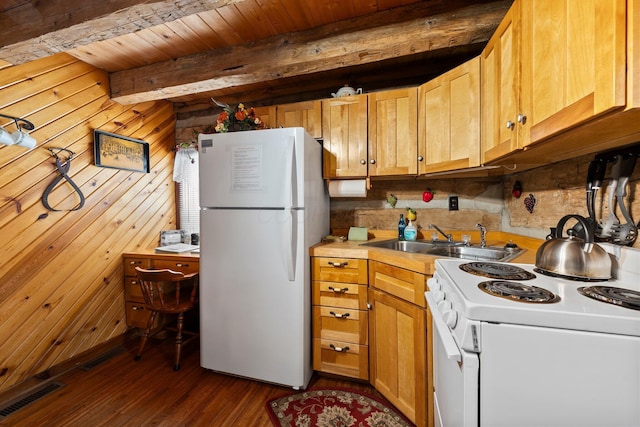 kitchen with white appliances, dark hardwood / wood-style flooring, beamed ceiling, sink, and wooden ceiling