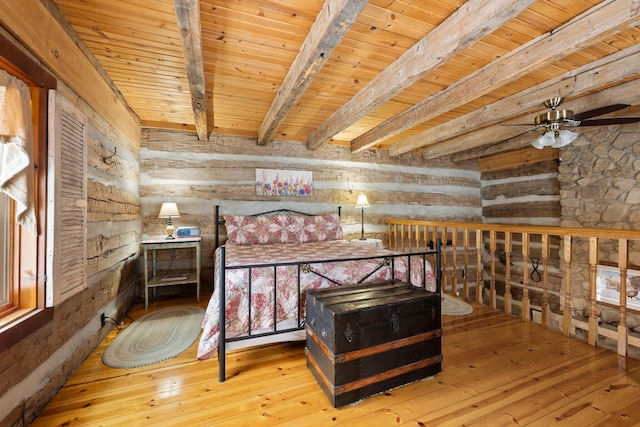 bedroom with wooden ceiling, light hardwood / wood-style floors, and beamed ceiling