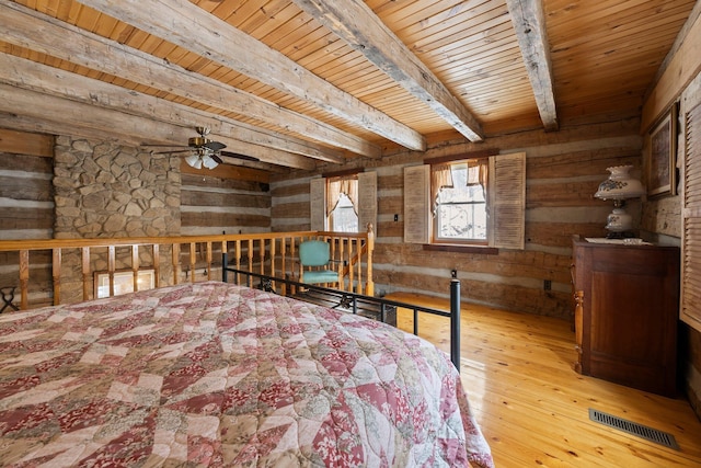 unfurnished bedroom featuring wood ceiling, beam ceiling, and light hardwood / wood-style flooring