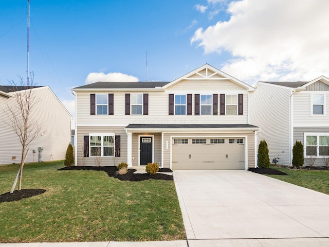 view of front of home with a garage and a front lawn