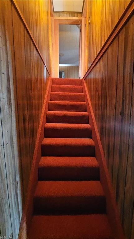 staircase featuring wooden walls