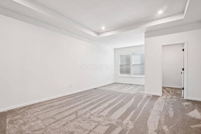 empty room featuring carpet floors and a tray ceiling