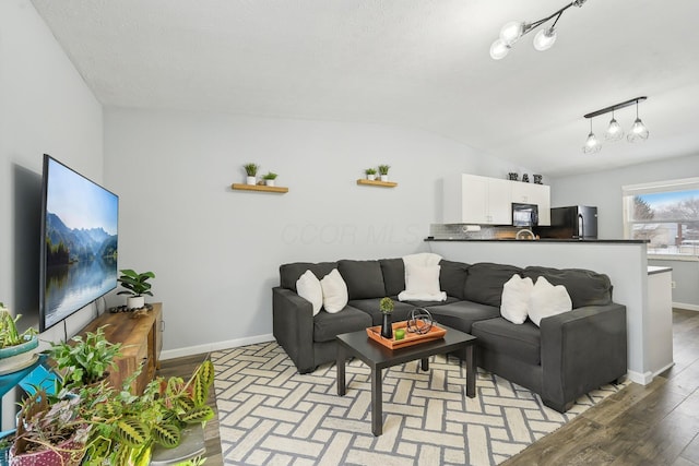 living room with light wood-type flooring and vaulted ceiling