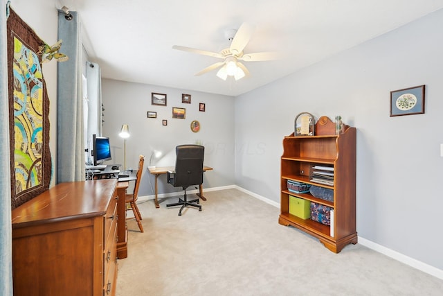 carpeted office with ceiling fan