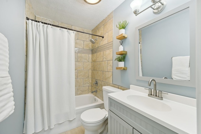 full bathroom with toilet, vanity, a textured ceiling, and shower / bathtub combination with curtain