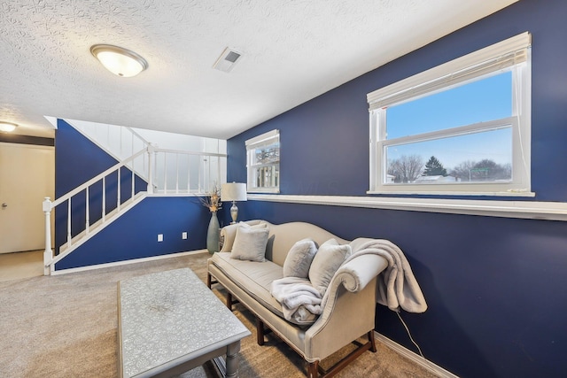 living room featuring a textured ceiling and carpet