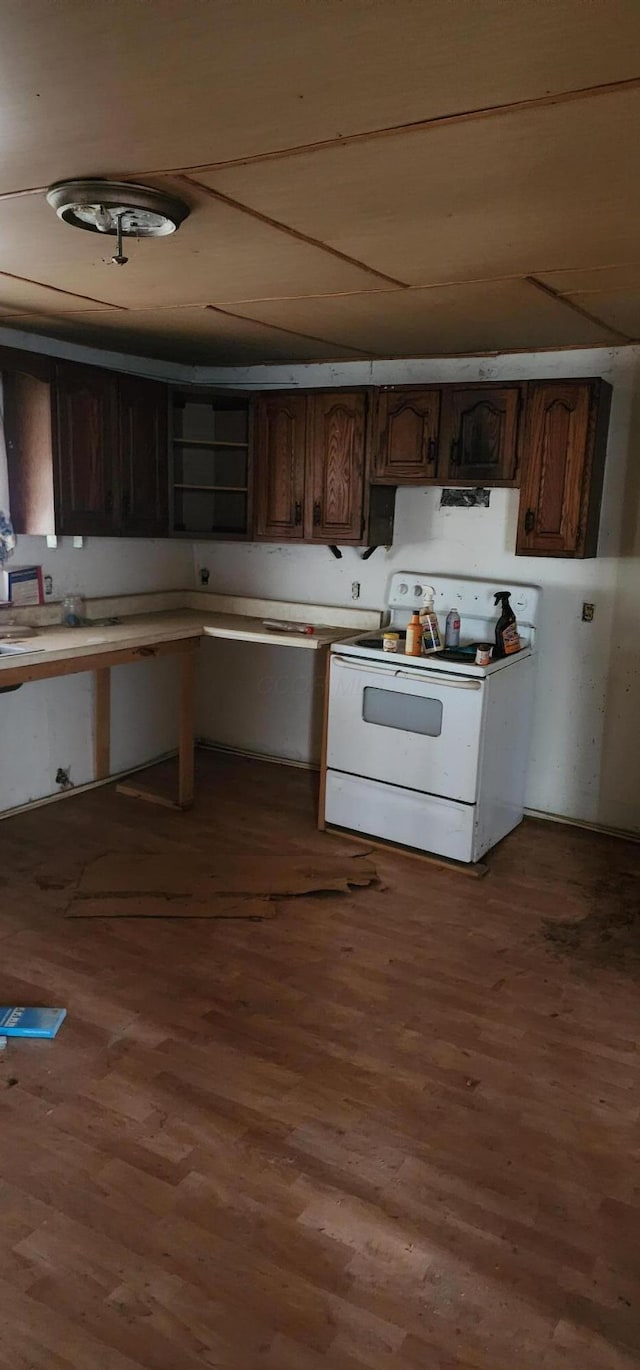 kitchen featuring dark brown cabinetry, electric range, and dark wood-type flooring