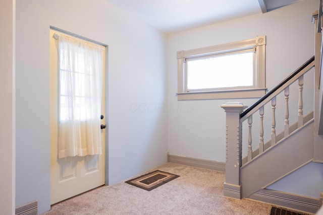 carpeted foyer entrance with a wealth of natural light