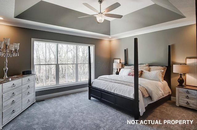 bedroom featuring ceiling fan, a raised ceiling, and multiple windows