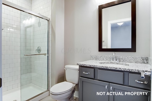 bathroom with vanity, toilet, and a shower with shower door