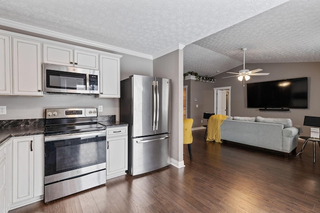 kitchen featuring dark wood-type flooring, white cabinetry, stainless steel appliances, vaulted ceiling, and ceiling fan