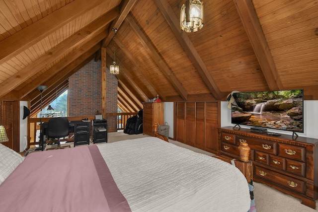 carpeted bedroom with wooden ceiling and lofted ceiling with beams