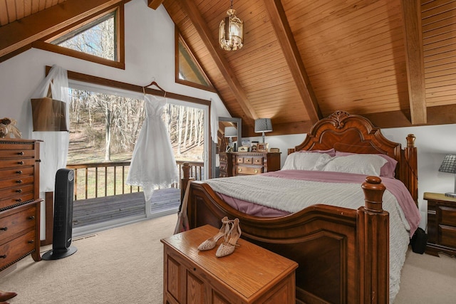 carpeted bedroom with beamed ceiling, wood ceiling, access to outside, and multiple windows