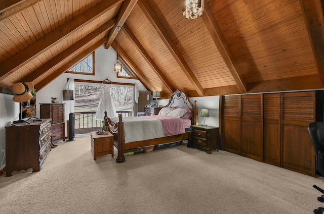 carpeted bedroom with beam ceiling, access to outside, high vaulted ceiling, and wood ceiling