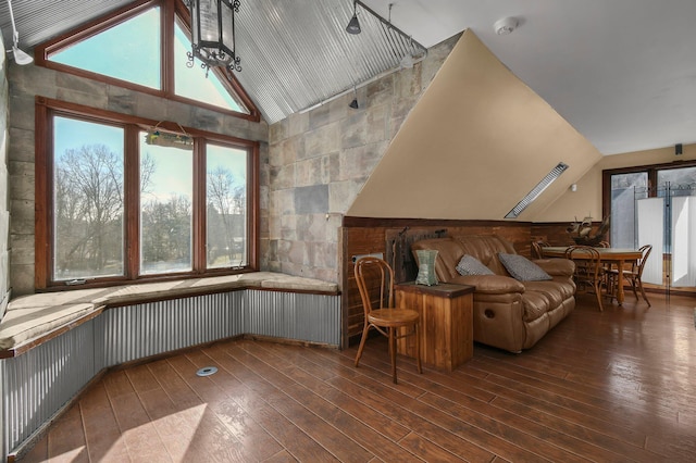 living room featuring lofted ceiling and dark wood-type flooring