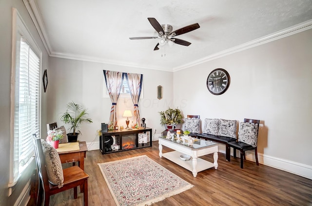 living area with crown molding, plenty of natural light, ceiling fan, and wood-type flooring