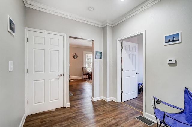 hallway with crown molding and dark hardwood / wood-style floors