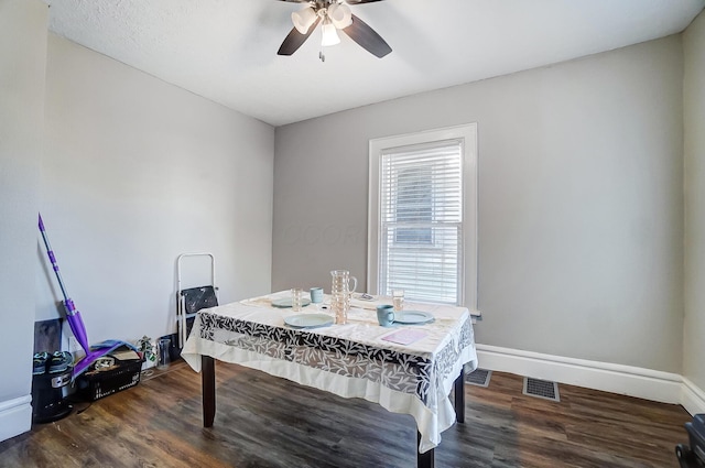 dining room with ceiling fan and dark wood-type flooring