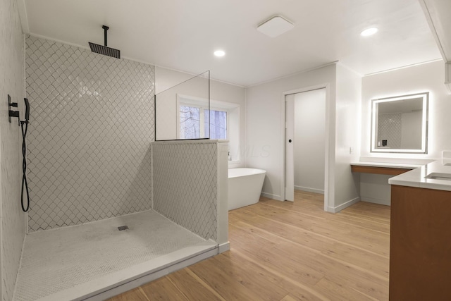 bathroom with separate shower and tub, vanity, and wood-type flooring