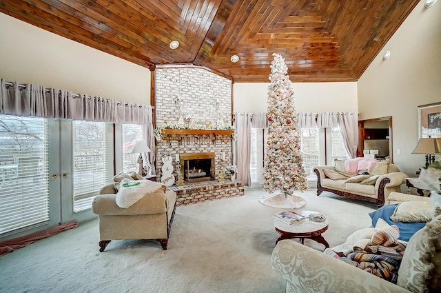 carpeted living room featuring a fireplace, high vaulted ceiling, and wood ceiling