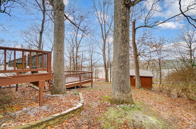 view of yard with a shed and a deck