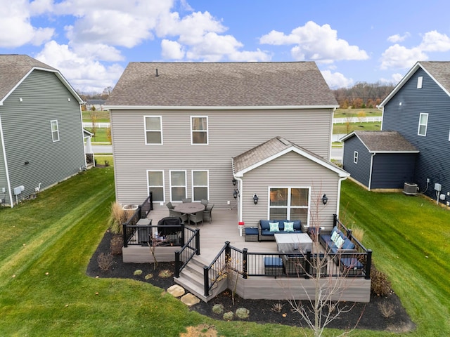 rear view of property with a lawn, a deck, an outdoor hangout area, and central air condition unit