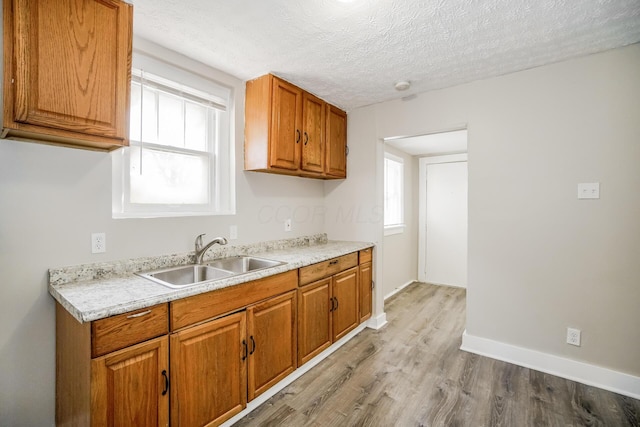 kitchen featuring a textured ceiling, a healthy amount of sunlight, light hardwood / wood-style floors, and sink