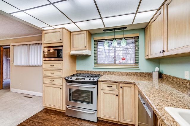 kitchen with appliances with stainless steel finishes, dark carpet, sink, light brown cabinets, and decorative light fixtures