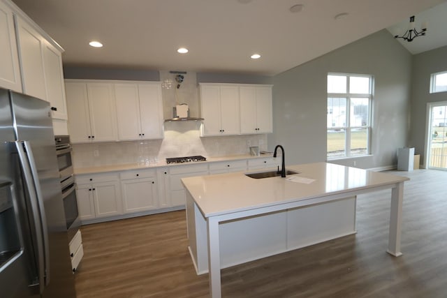 kitchen with appliances with stainless steel finishes, an island with sink, dark hardwood / wood-style flooring, sink, and white cabinetry