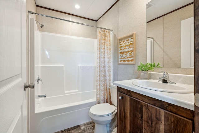 full bathroom with wood-type flooring, vanity, shower / bath combination with curtain, and toilet