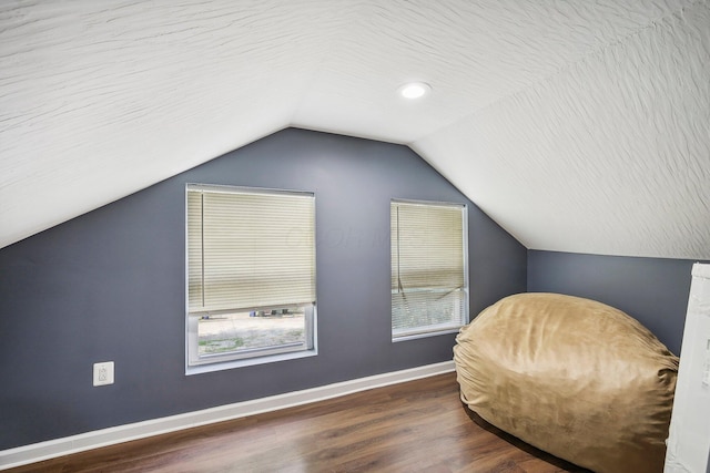 living area featuring hardwood / wood-style flooring and lofted ceiling