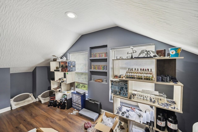 interior space featuring wood-type flooring, a textured ceiling, and vaulted ceiling