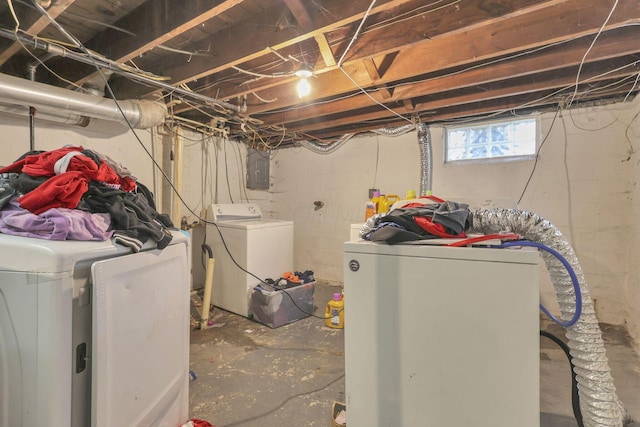 basement with electric panel and washer and clothes dryer