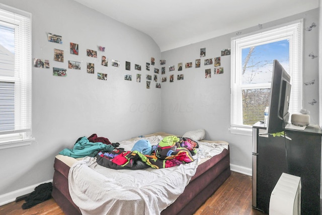 bedroom with multiple windows, lofted ceiling, dark hardwood / wood-style floors, and radiator