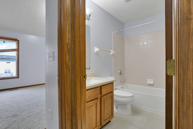 full bathroom with vanity, bathtub / shower combination, and toilet