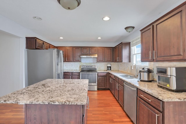 kitchen with decorative backsplash, stainless steel appliances, a kitchen island, and sink