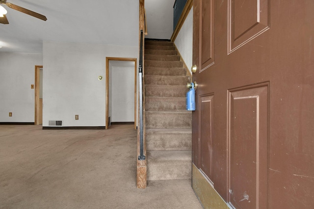 stairs featuring carpet and ceiling fan