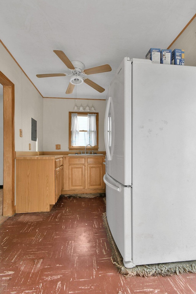 kitchen featuring light brown cabinets, electric panel, sink, ceiling fan, and white fridge