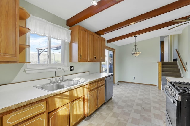 kitchen featuring dishwasher, sink, vaulted ceiling with beams, range with gas stovetop, and decorative light fixtures