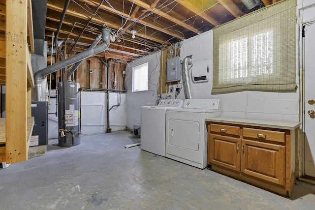 basement with electric panel, water heater, and washer and clothes dryer