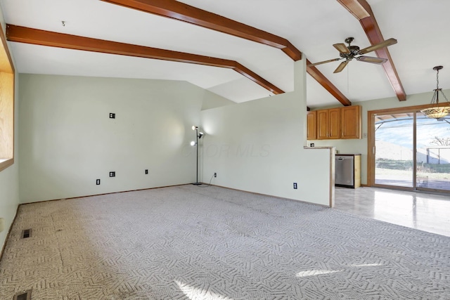 unfurnished living room featuring lofted ceiling with beams and ceiling fan