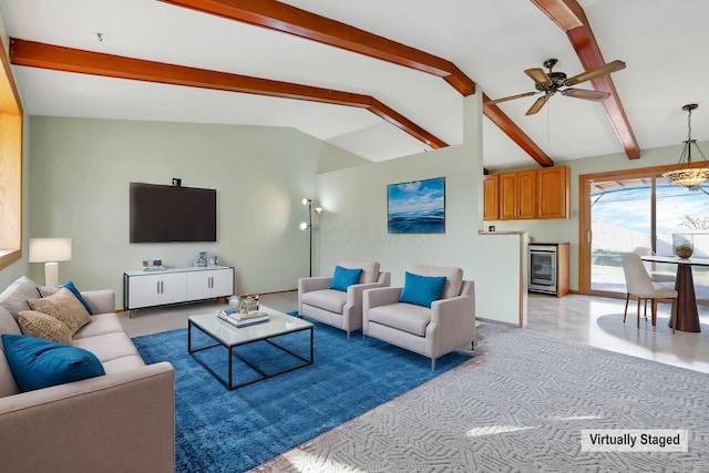 living room featuring lofted ceiling with beams, wine cooler, and ceiling fan