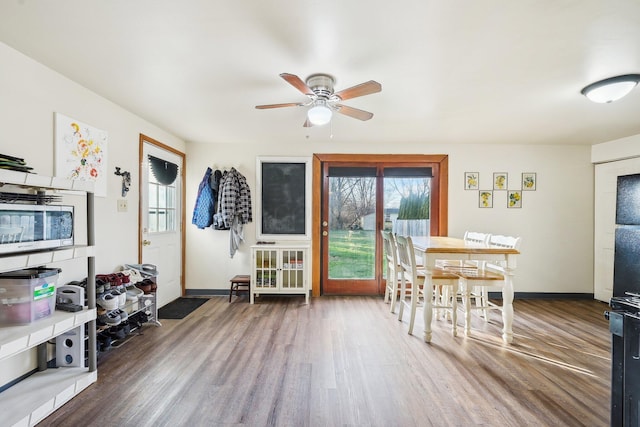 dining area featuring ceiling fan and dark hardwood / wood-style flooring