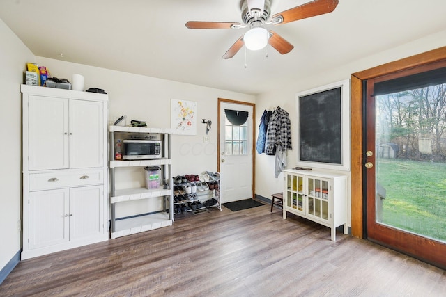 interior space with ceiling fan and hardwood / wood-style flooring