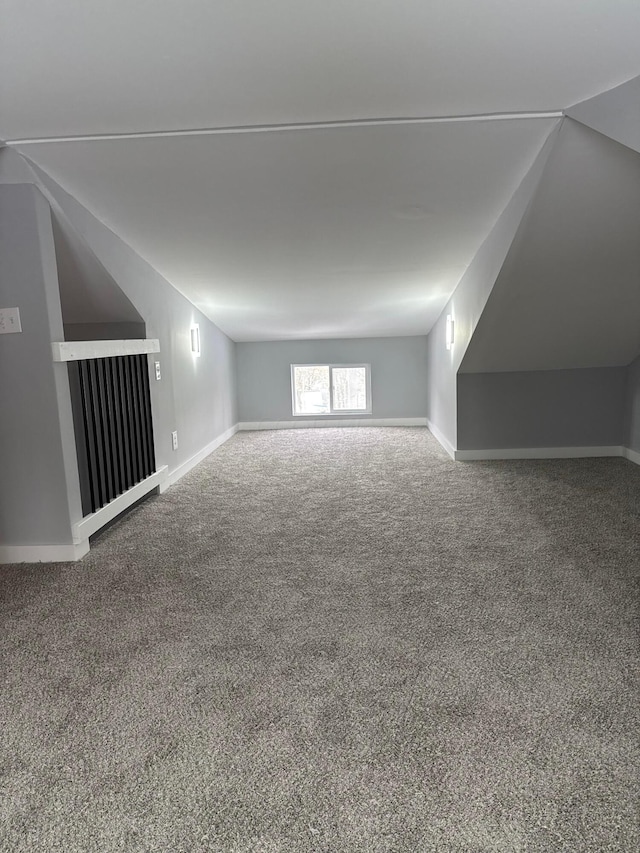 additional living space featuring vaulted ceiling and carpet floors